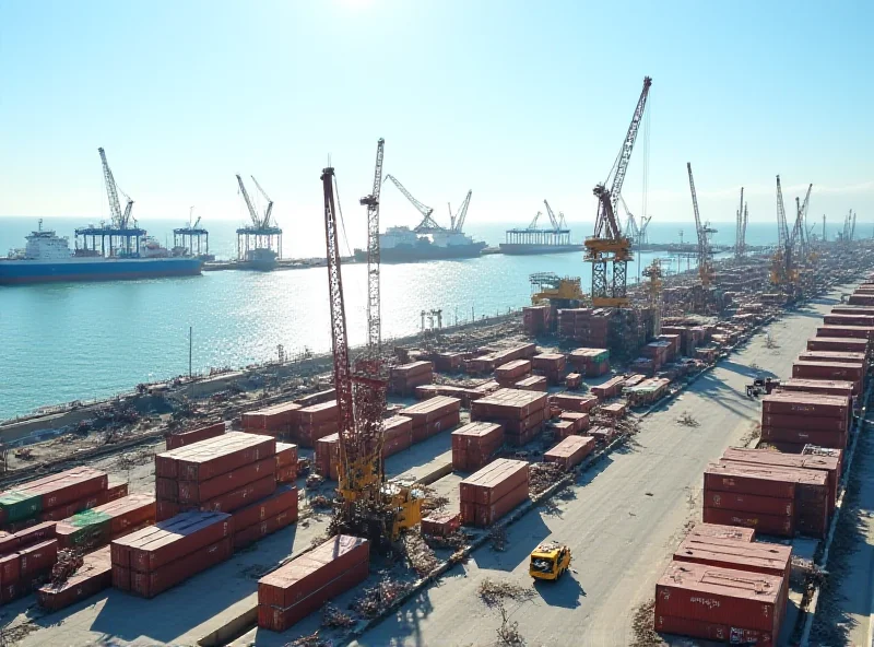 Aerial view of Astara port construction site, with cranes and shipping containers visible.