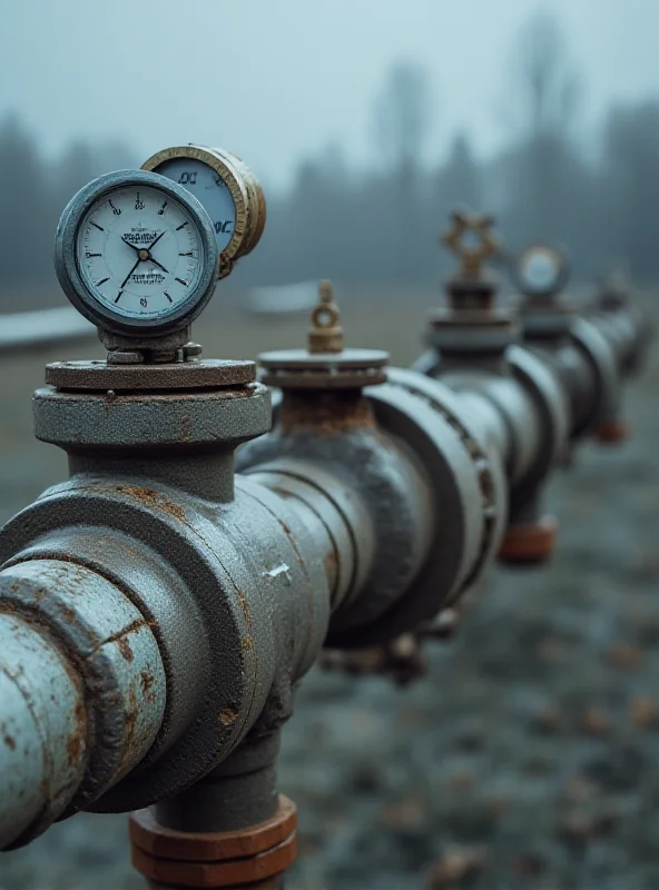 Close-up of a natural gas pipeline with valves and pressure gauges.