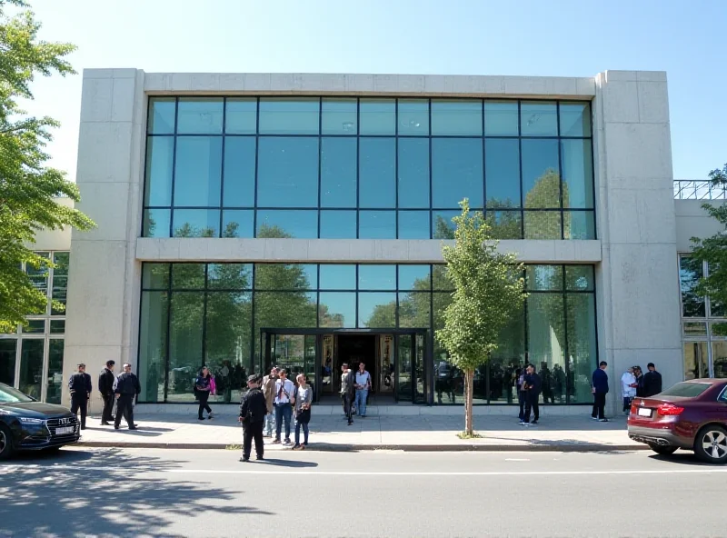 Modern bank building in Uzbekistan, with people entering and exiting.