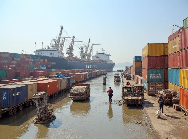 Busy customs port in Sistan and Baluchestan, Iran, with various goods being loaded onto ships.