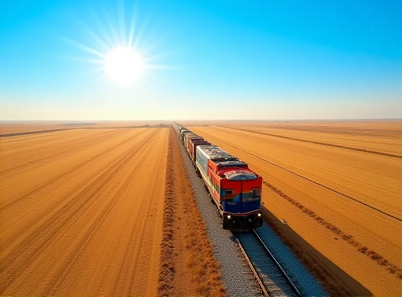 Aerial view of a modern freight train carrying grain through a vast Kazakh steppe landscape under a clear blue sky