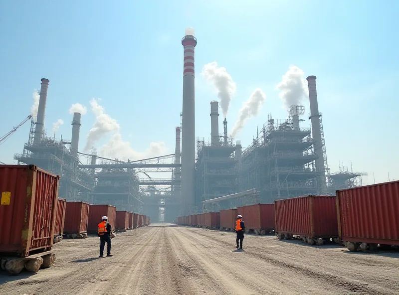 Exterior of a modern ferrochrome plant in Iran, with visible shipping containers and loading equipment, under a sunny sky