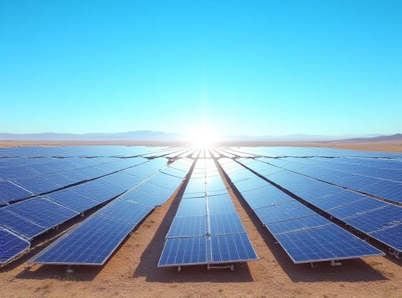 Large-scale solar plant with rows of photovoltaic panels stretching into the distance under a clear blue sky