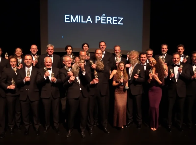 Cast and crew of 'Emilia Pérez' celebrating their win.