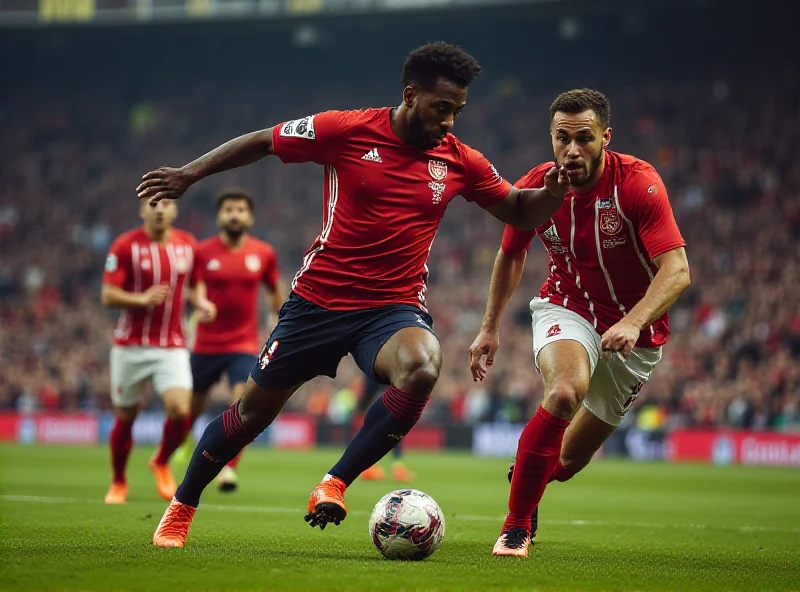 A dynamic soccer match scene depicting players from Benfica and Barcelona fiercely competing for the ball, with the stadium packed with cheering fans in the background.