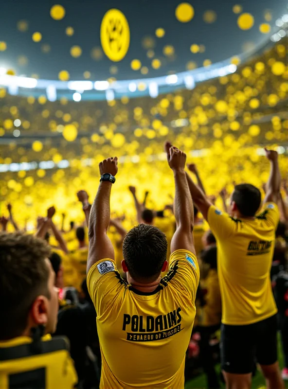 Close-up image of the Borussia Dortmund stadium during a Champions League match, showcasing the iconic yellow wall of fans cheering passionately.