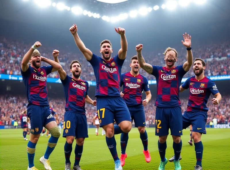 Barcelona players celebrating a goal during a Champions League match.