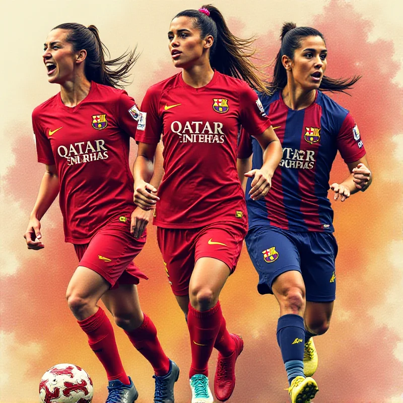 A collage of Aitana Bonmatí, Patri Guijarro, and Alexia Putellas, three key players for Barcelona's midfield.