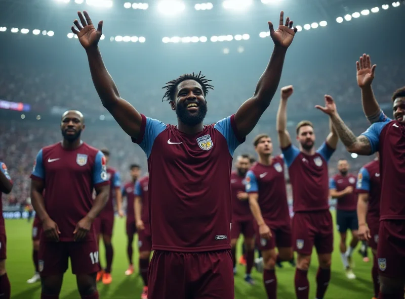 Tyrone Mings celebrating a victory with Aston Villa, surrounded by teammates.