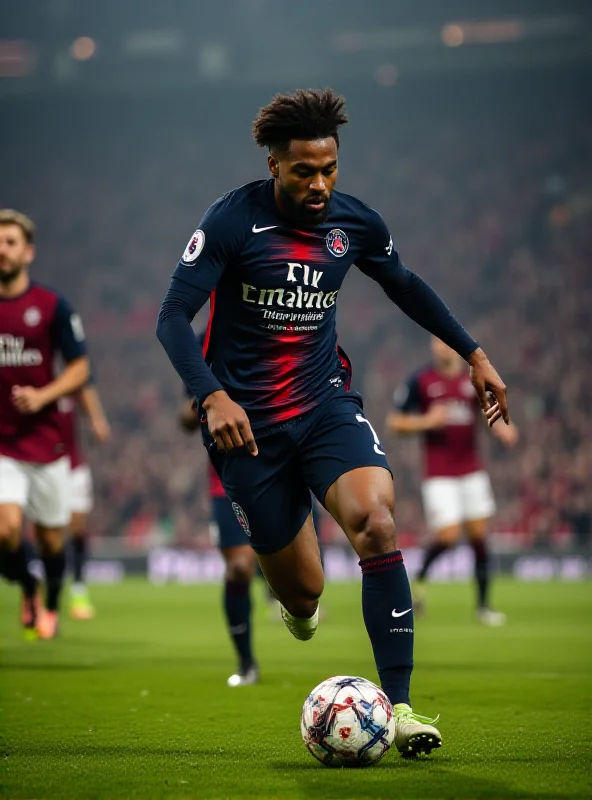 Action shot of a PSG player dribbling the ball during a Champions League match at Parc des Princes.