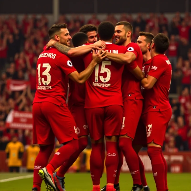 Liverpool players celebrating a goal during a Champions League match, with jubilant expressions.