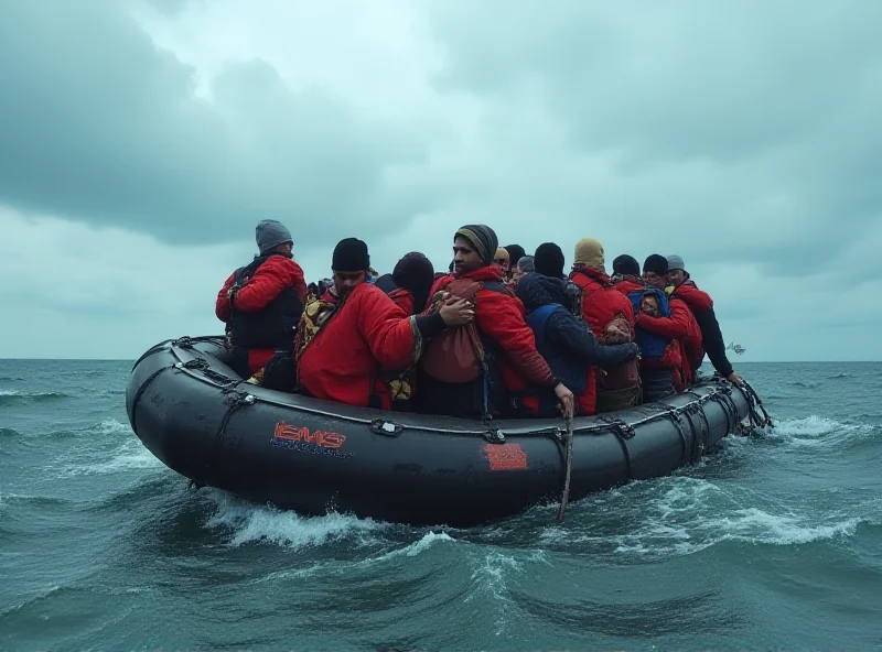 Overcrowded inflatable boat at sea