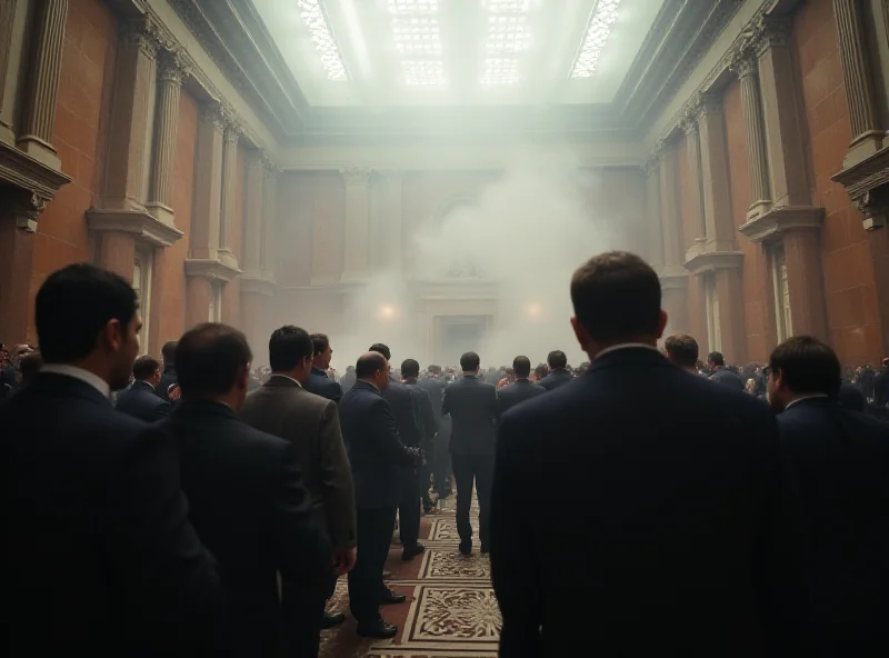 Serbian parliament interior with smoke and chaos