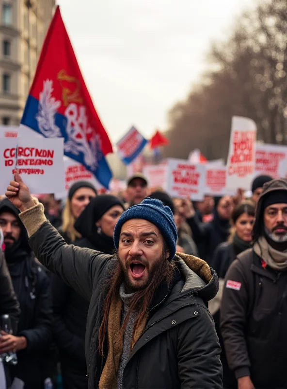 A protest scene with people holding signs and banners