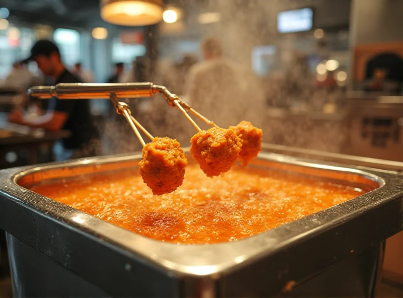 A robot chef, a stainless steel box with hot oil, frying yakitori skewers in a restaurant setting.