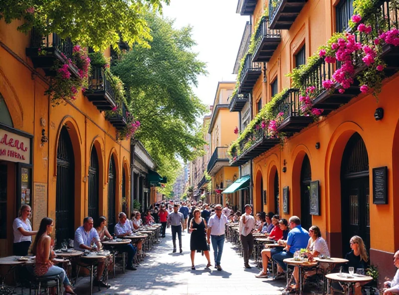 A vibrant street scene in the Lastarria neighborhood of Santiago, Chile, with colorful buildings, outdoor cafes, and people strolling along the sidewalk.