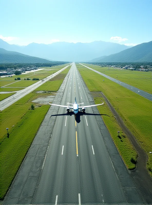 An aerial view of El Tepual Airport in Puerto Montt, Chile, with a Latam airplane on the runway and airport buildings in the background.