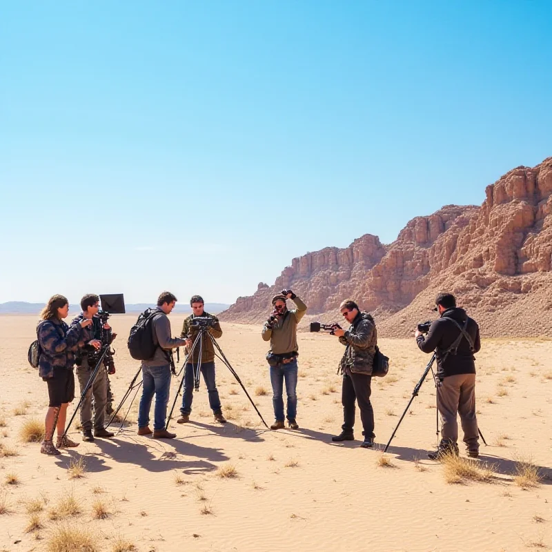 A film crew on location in the Atacama Desert in Chile, filming a scene with actors and equipment against the backdrop of the desert landscape.