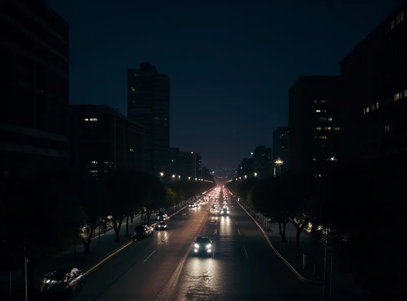 Panoramic view of a city skyline at night plunged into darkness, with only a few scattered lights visible. A helicopter with a spotlight shines down on the darkened cityscape.