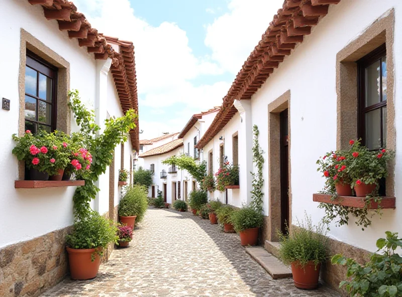 A quaint village street in Santiago de Calatrava, Spain, with traditional white-washed buildings.