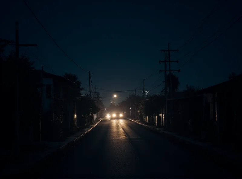 A panoramic view of a darkened Chilean city at night, illuminated only by car headlights and faint emergency lights.