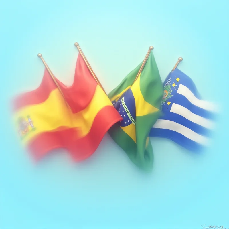 A digital illustration depicting the flags of Chile, Spain, Brazil, Colombia, and Uruguay intertwined, symbolizing their alliance in defense of democracy and against misinformation.