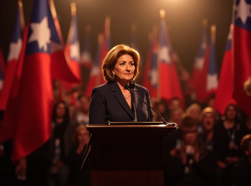 Michelle Bachelet giving a speech at a political rally, surrounded by supporters holding Chilean flags.