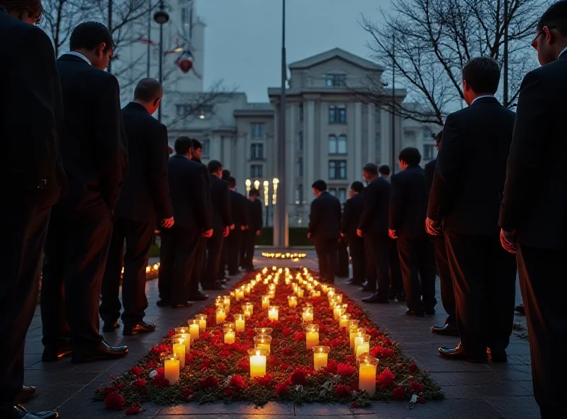 A somber scene outside the French Embassy in Chile, with people laying flowers and candles in remembrance of Dimitri Weiler.