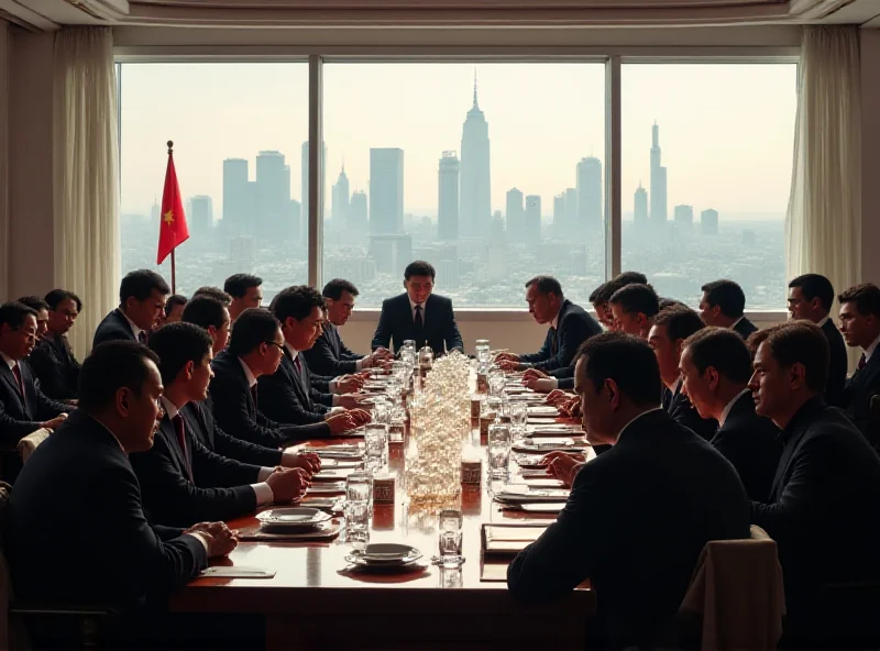 Chinese delegates in a meeting room, deep in discussion.