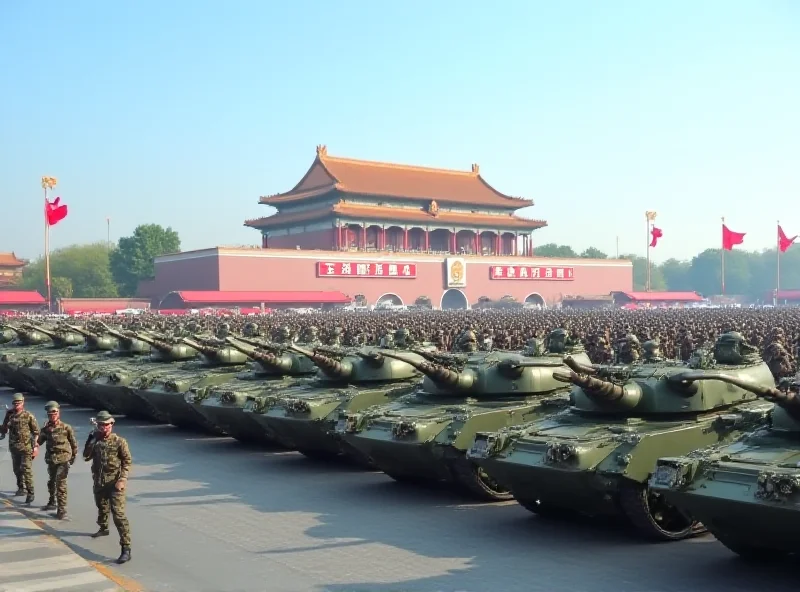 Chinese military parade with tanks and soldiers.