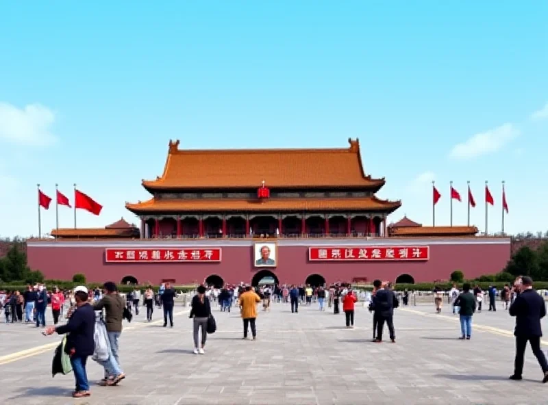 A panoramic view of Tiananmen Square in Beijing, China, with the Great Hall of the People in the background. Red flags are waving, and a large portrait of Mao Zedong is visible.