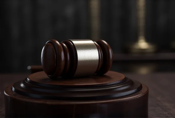 A gavel resting on a wooden block in a courtroom setting. The background is blurred, suggesting a serious and somber atmosphere.