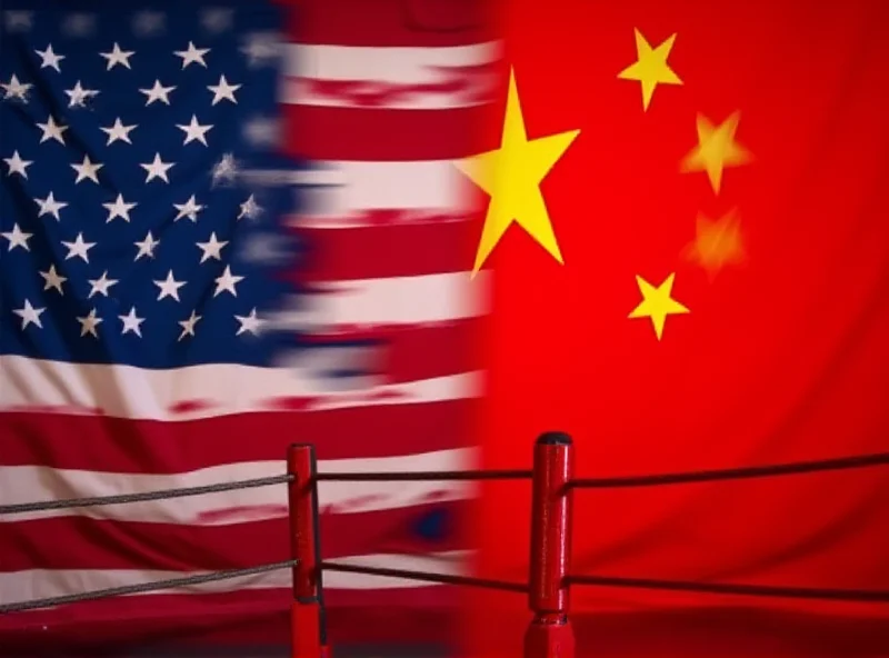 A split image showing the flags of the United States and China, with a stylized depiction of a boxing ring in the middle, symbolizing a trade war.