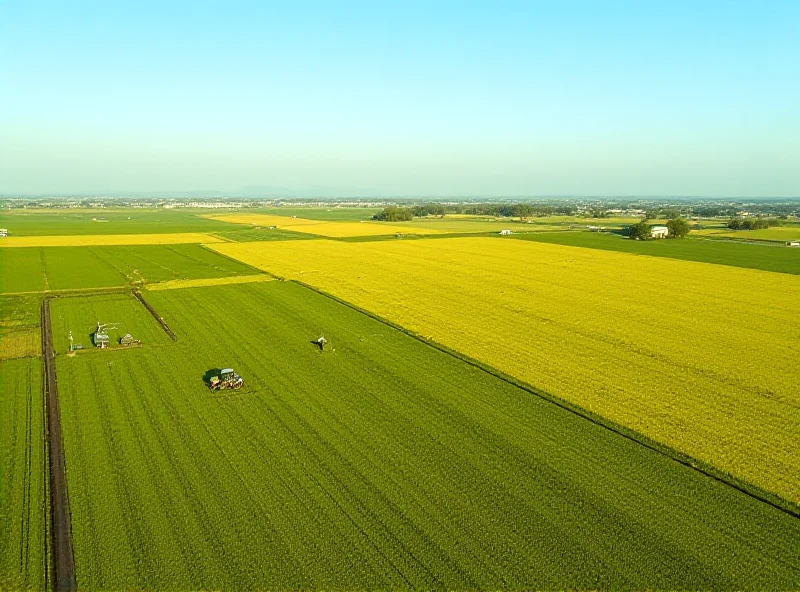 Aerial view of a vast agricultural landscape in the United States, with fields of crops stretching to the horizon.