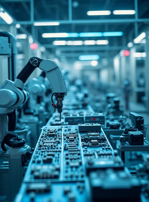 Modern, high-tech factory interior with robots assembling electronic components on a production line.