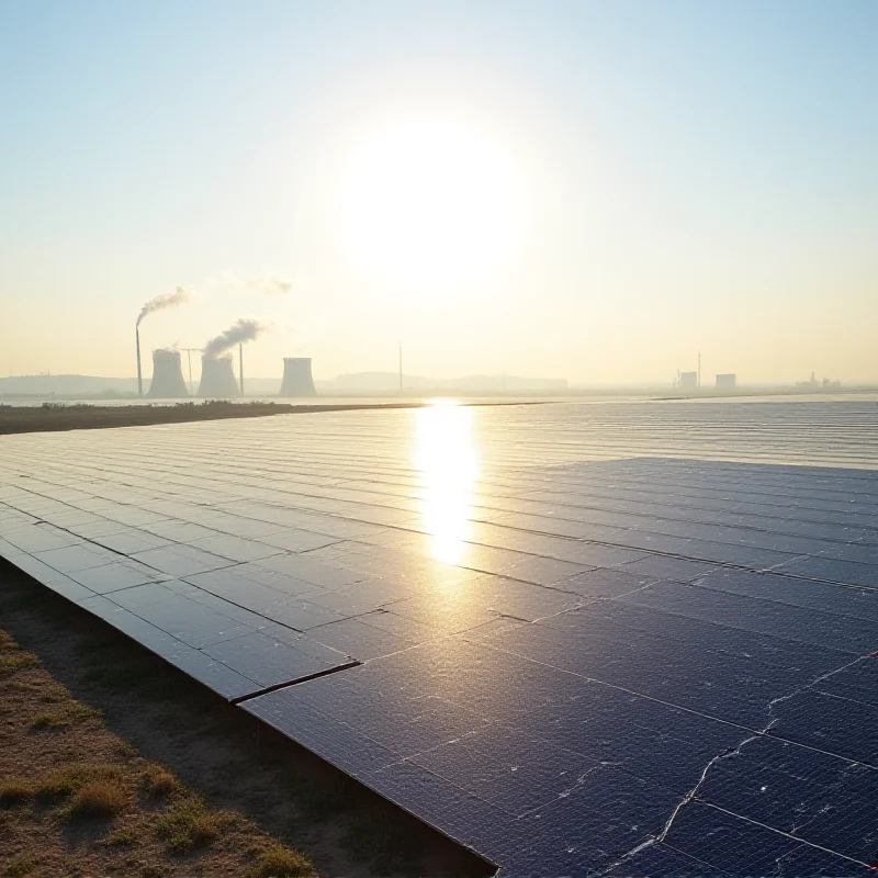 Panoramic view of a vast solar farm in a rural area, with rows of solar panels stretching into the distance, contrasting with a distant coal-fired power plant emitting smoke.