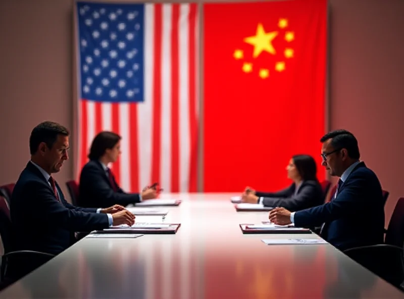 A stylized image of a trade negotiation table between the US and China, with flags of both countries in the background.