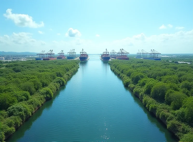 A wide shot of the Panama Canal with ships passing through, a sunny sky above, and lush green vegetation on the sides.