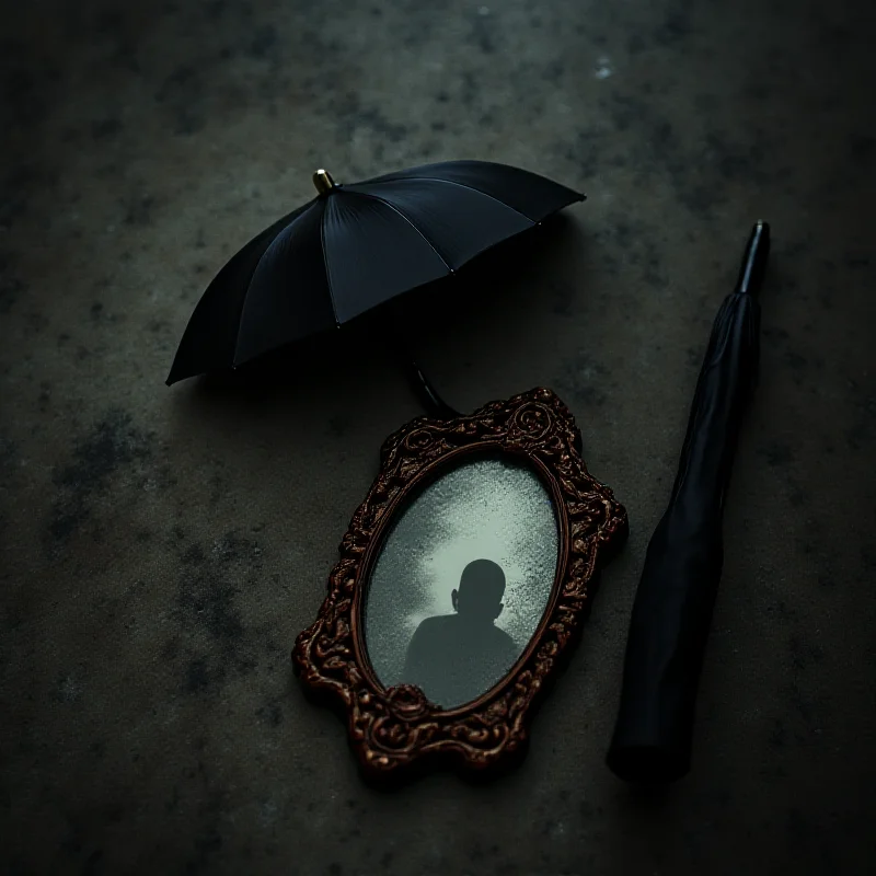 A collection of objects representing Chinese superstitions: a mirror, an umbrella, and a depiction of someone looking back at night