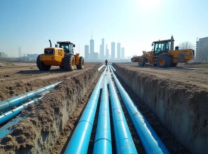 Image of construction workers working on a large water pipeline project in Astana, Kazakhstan. The city skyline is visible in the background.