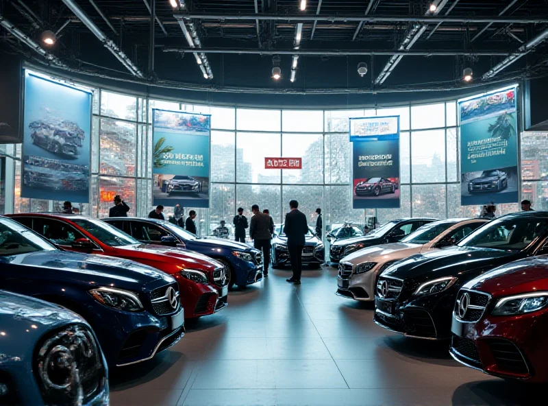 Image of a showroom in China filled with Mercedes and BMW cars. Customers are examining the vehicles, and promotional signs advertising discounts are prominently displayed.