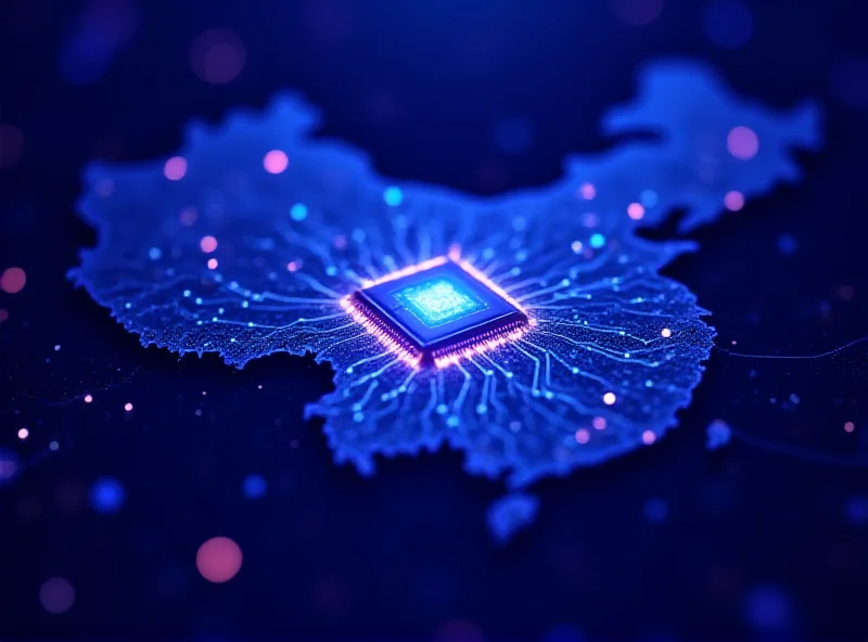 A digital illustration of a high-speed chip with glowing circuits, symbolizing technological advancement. The background features a stylized map of China.