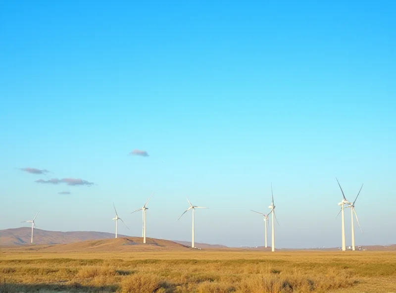 Wind turbines in Kazakhstan against a backdrop of mountains and blue sky, symbolizing renewable energy production and the natural resources of the region.