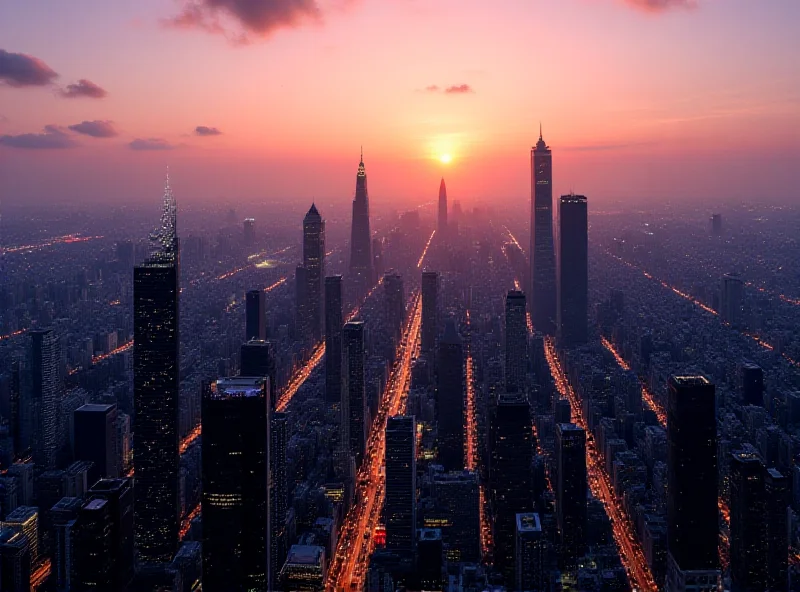 Aerial view of a sprawling Chinese city at dusk.