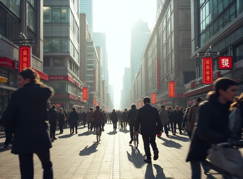 Crowd of people in a busy Chinese city street, blurred motion, representing economic activity and citizen life.