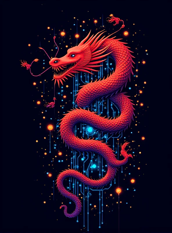 A digital illustration of a red dragon intertwined with a circuit board, symbolizing China's technological and economic power.