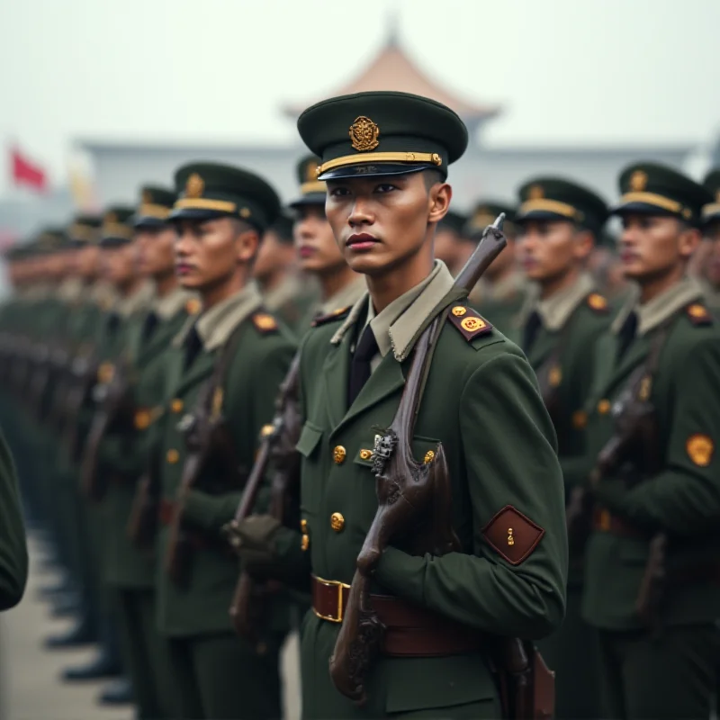 A group of Chinese soldiers marching in formation, representing the modernization of the Chinese military.