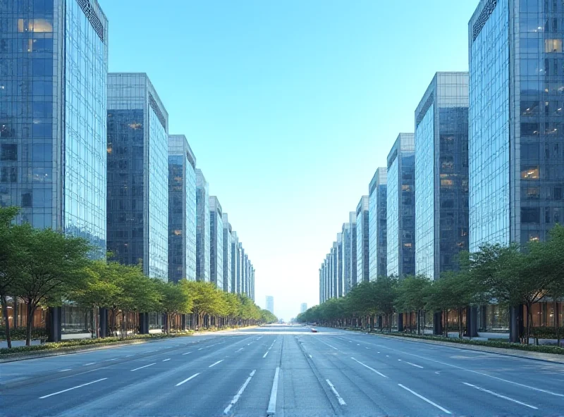 A wide, empty street in a newly built Chinese city with skyscrapers in the background.