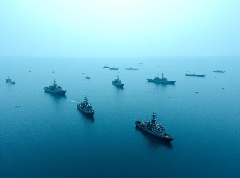 Aerial view of ships in the South China Sea, with disputed islands visible in the distance.