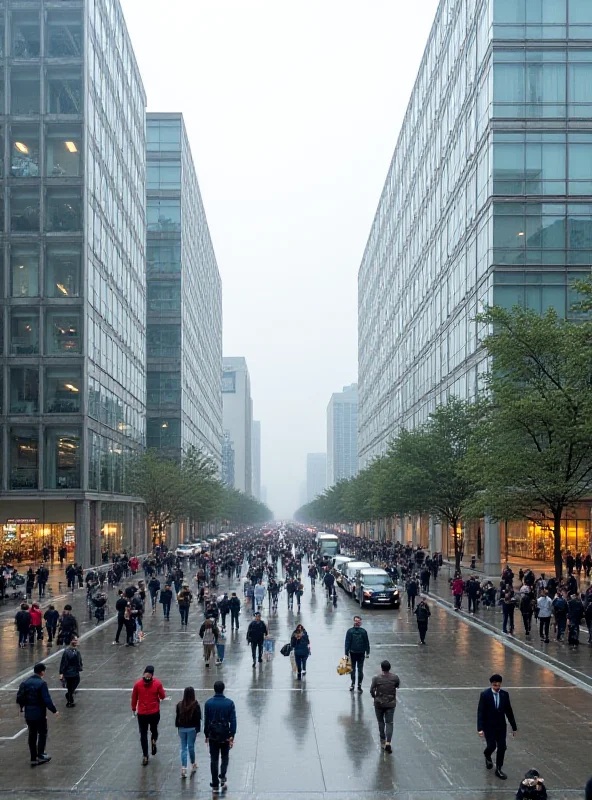 A bustling street scene in Beijing, China, showing modern architecture and busy pedestrian traffic.